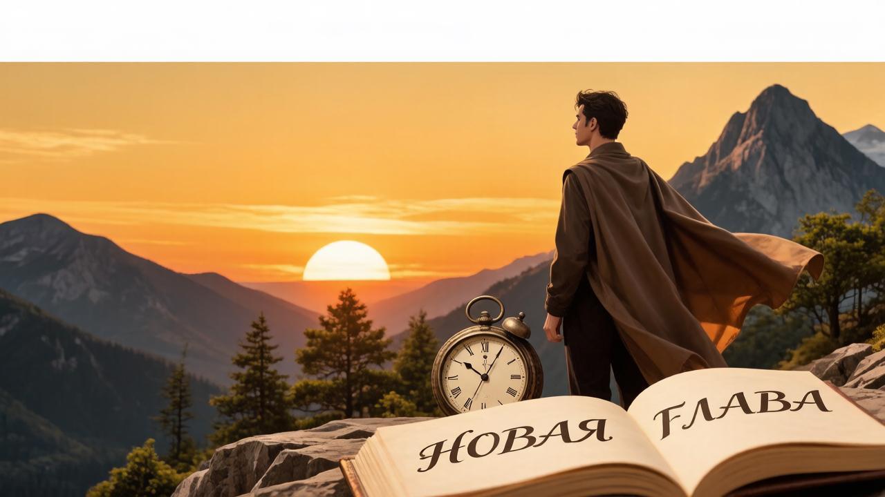 Человек на скале на закате с остановившимися часами и книгой «Новая глава» — иллюстрация к завершению старого цикла и началу нового.